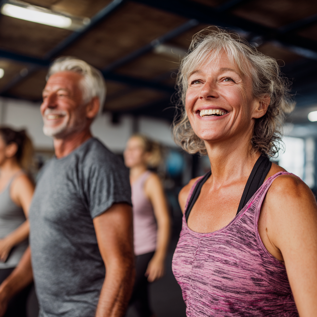 middle-aged adults exercising together in supportive group fitness environment